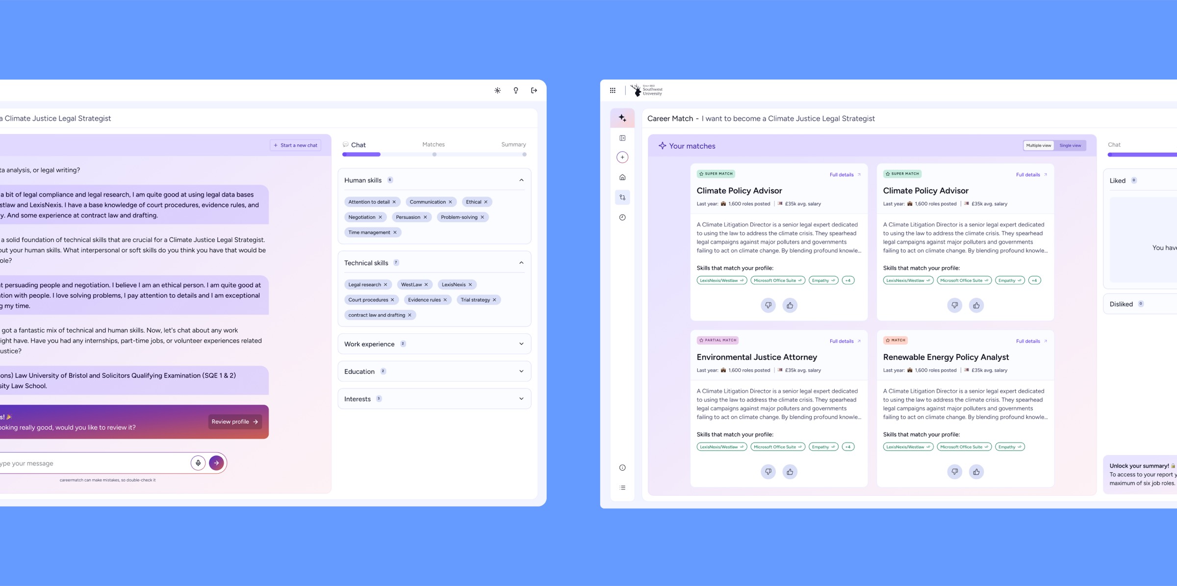 The Command Centre: a chat pane extracting human and technical skills into a live profile sidebar, beside the career match grid with super, partial and full matches