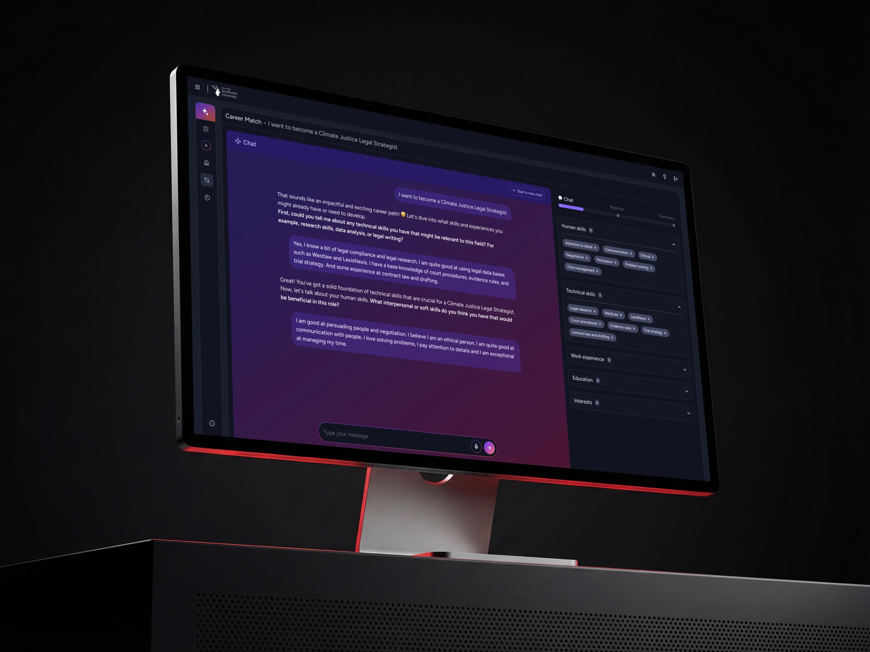The Command Centre: a chat pane extracting human and technical skills into a live profile sidebar, beside the career match grid with super, partial and full matches