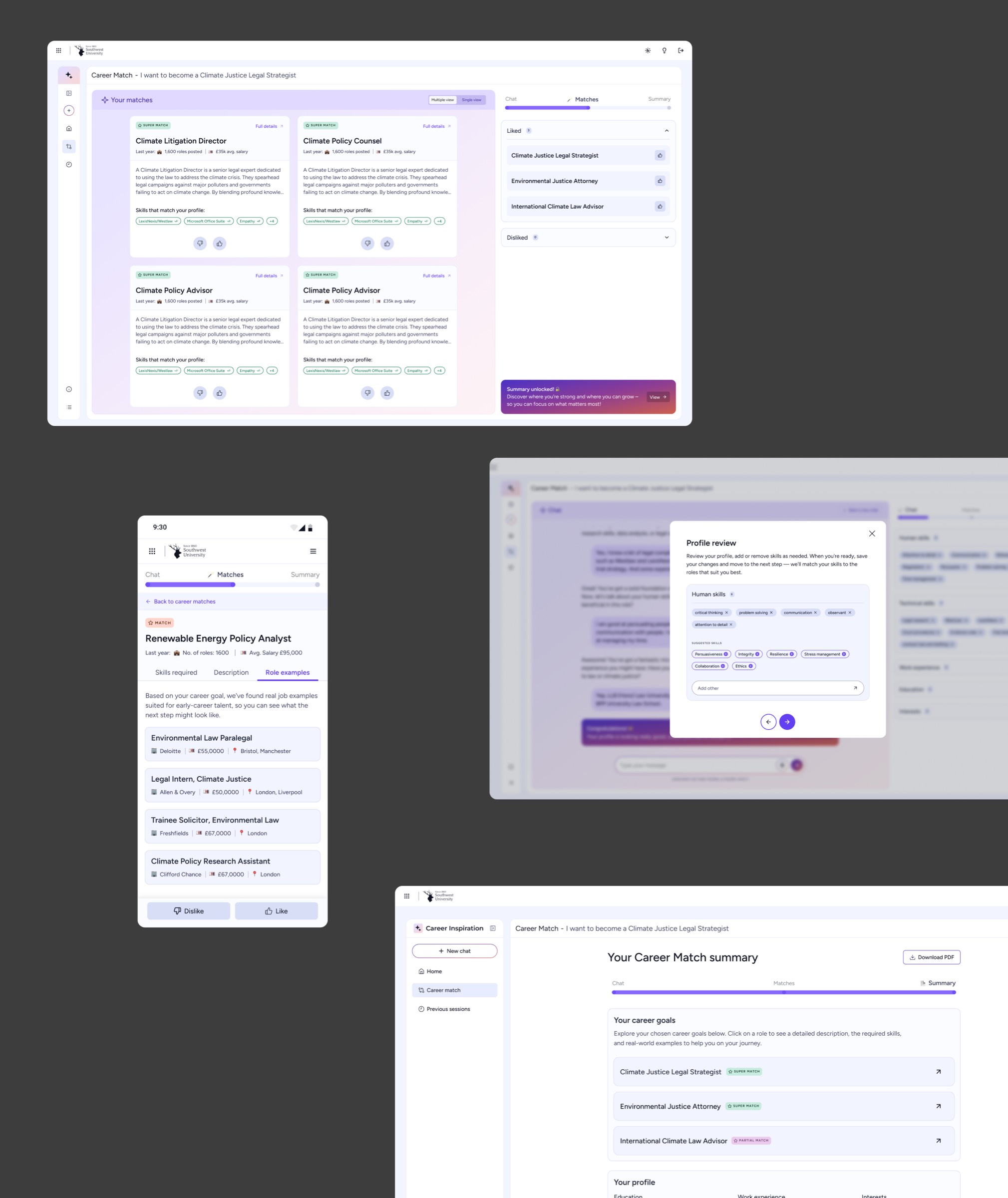 Career match screens: the matches grid with liked roles, a mobile role view with real job examples and salaries, the profile review modal, and the career match summary with downloadable PDF report