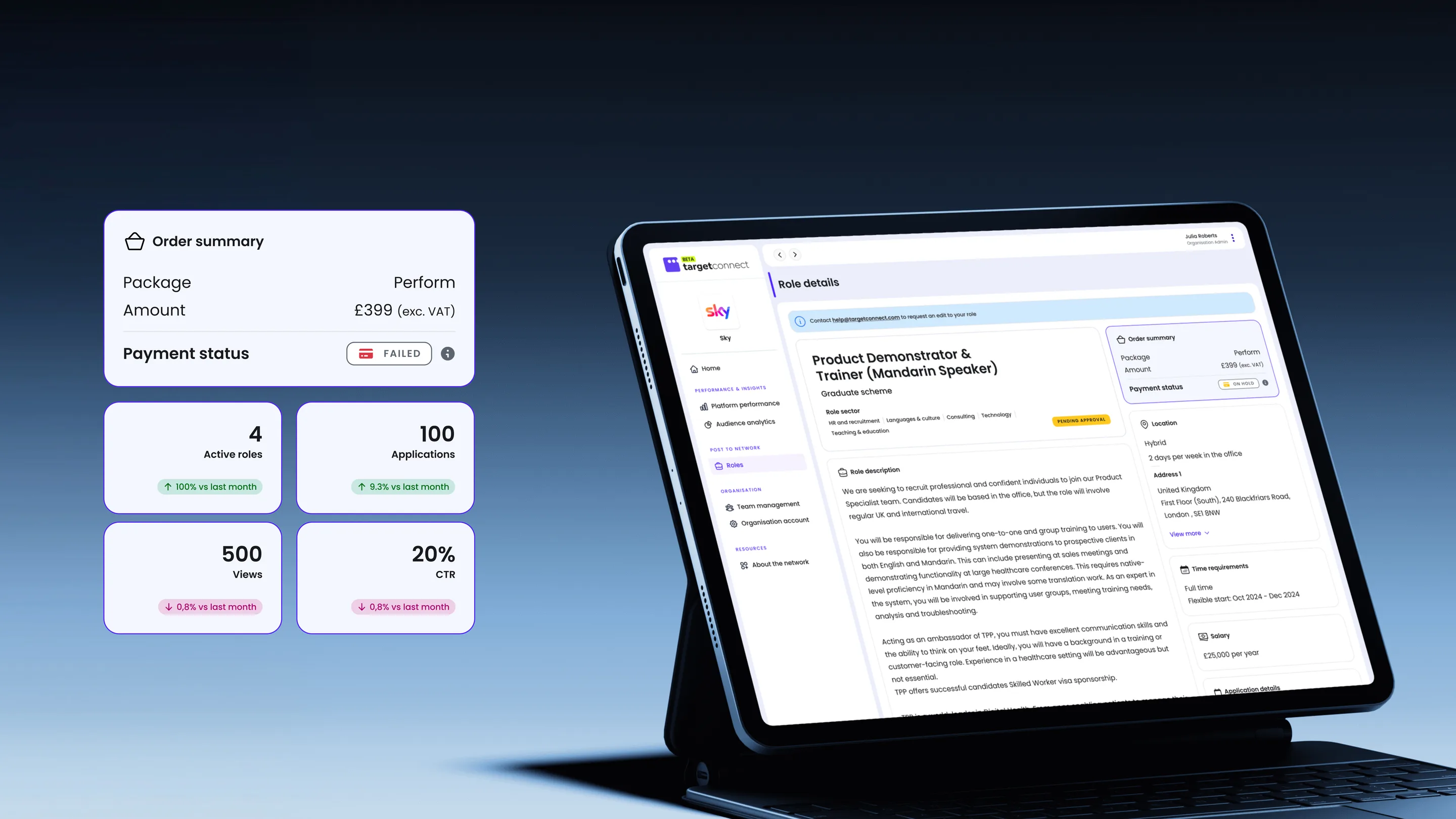 A role details view with payment status and order summary, alongside dashboard cards showing active roles, applications, views and click through rate