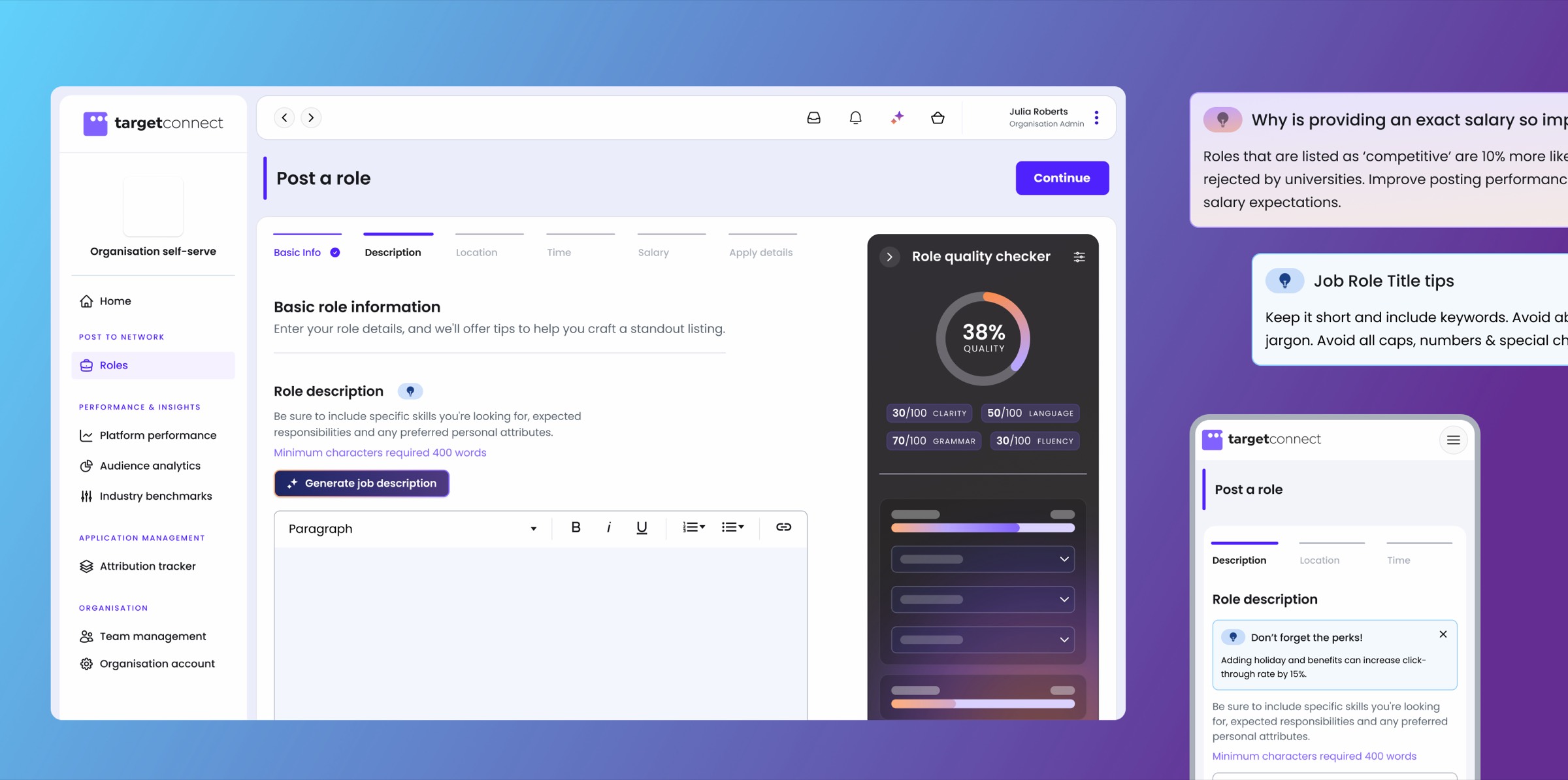 Post a role flow with the AI role quality checker sidebar scoring clarity, language, grammar and fluency in real time, alongside contextual salary and title tips and the mobile posting view