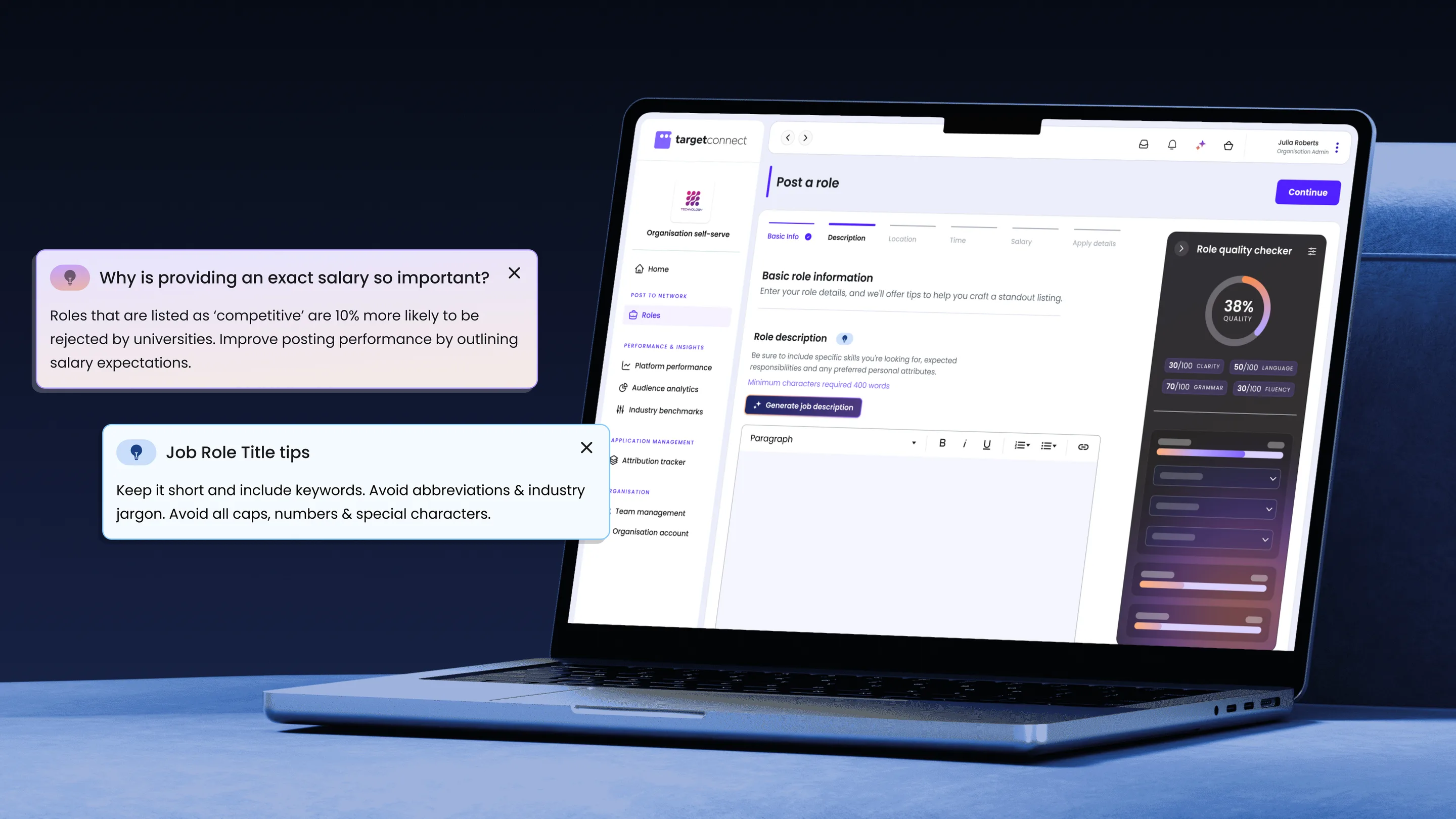 The guided post a role flow with a live role quality checker scoring clarity, language, grammar and fluency, alongside contextual tips