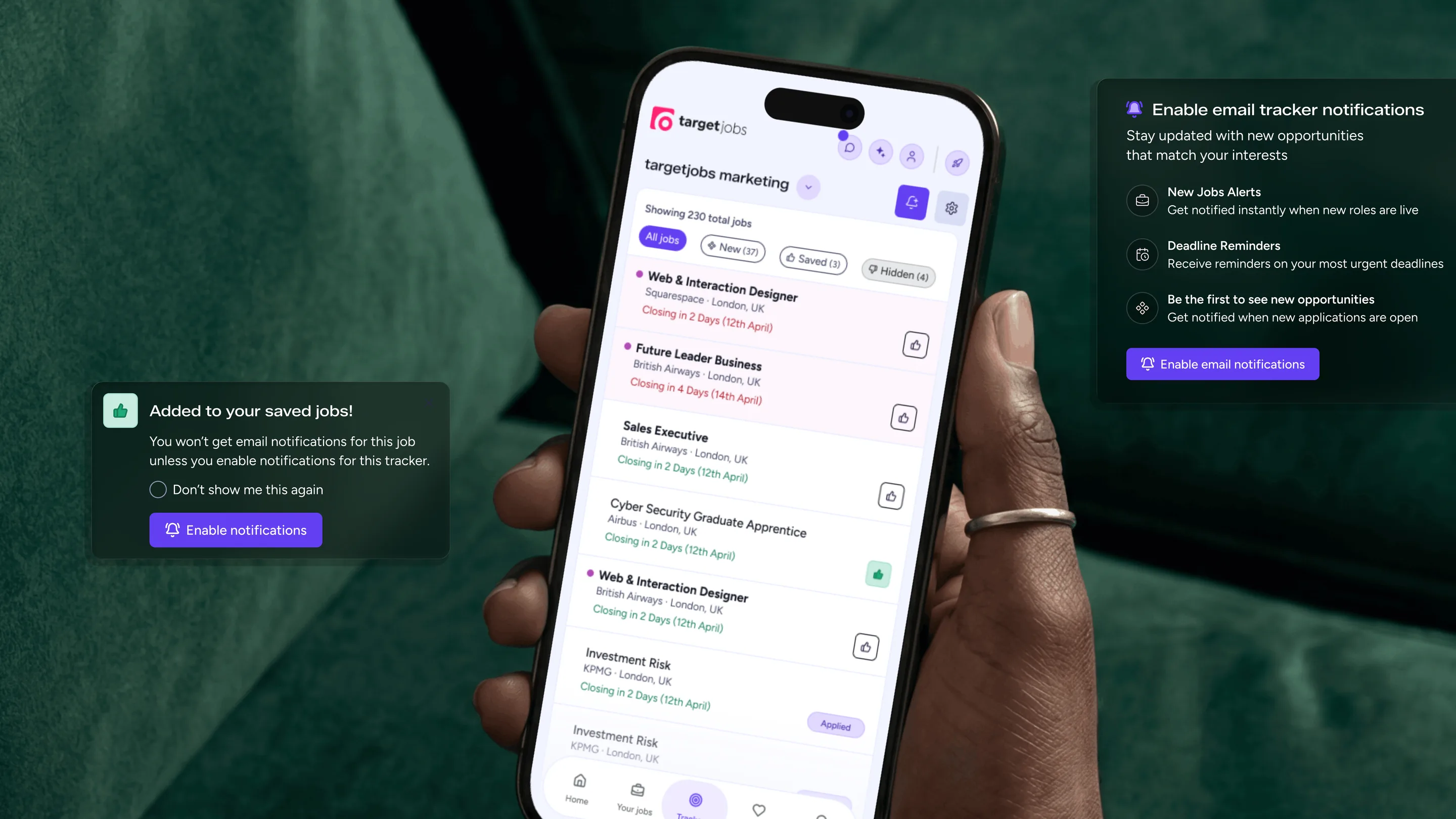 The tracker on mobile with a saved job confirmation and an enable notifications panel offering new job alerts and deadline reminders