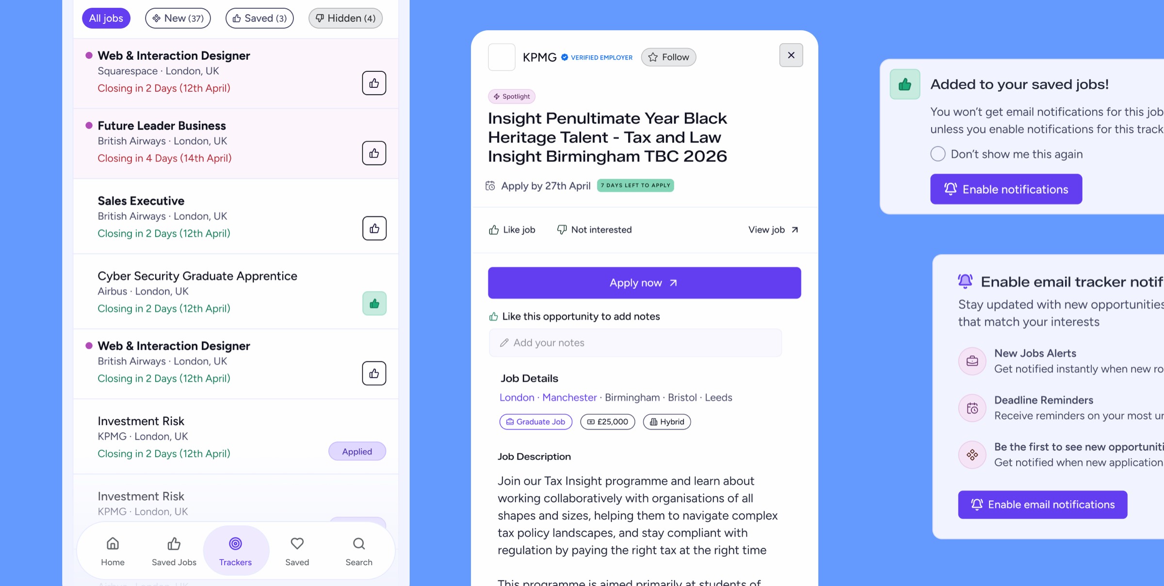 Tracker views on mobile: the jobs list with closing dates and like controls, a full job detail with apply and notes, and the saved-jobs and email notification prompts