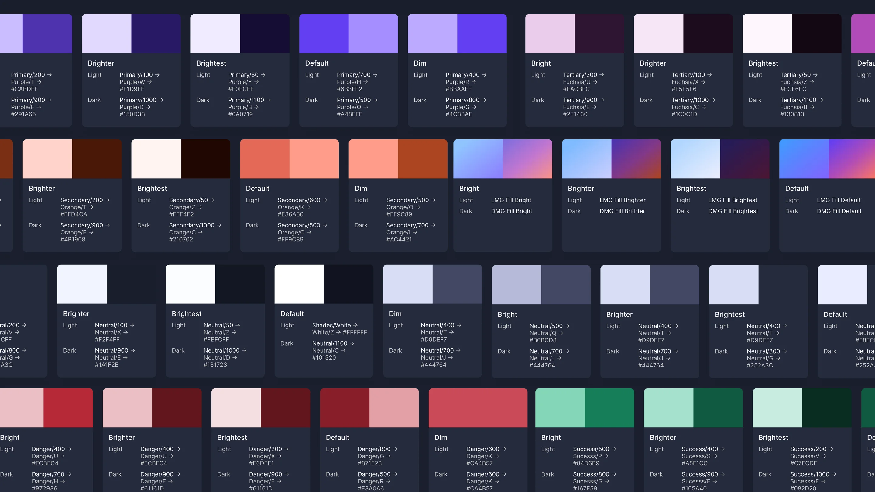 The palette: theme purples from 100 to 1000 alongside the shared neutral scale, each swatch with its token name and hex value
