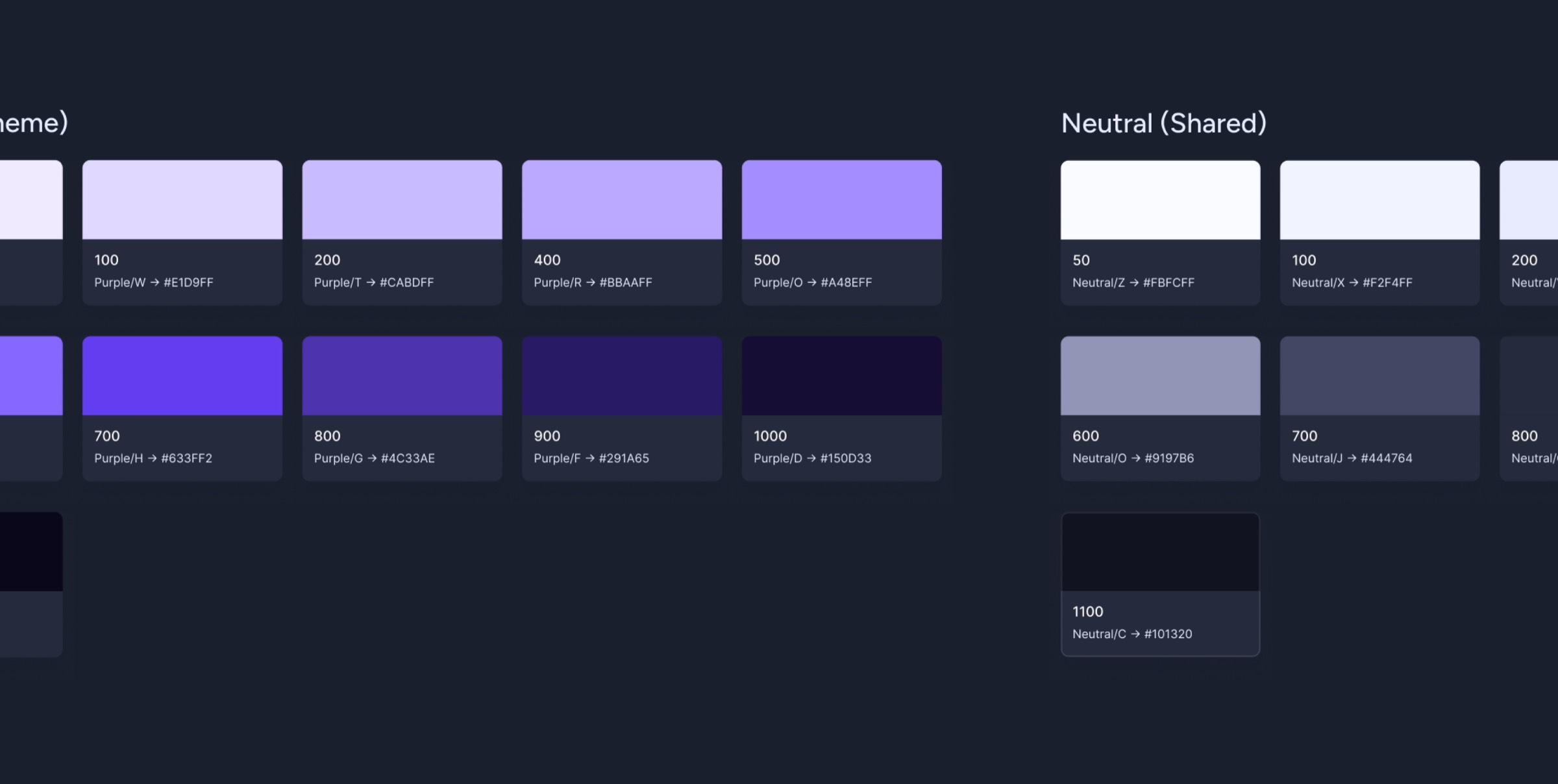The palette: theme purples from 100 to 1000 alongside the shared neutral scale, each swatch with its token name and hex value