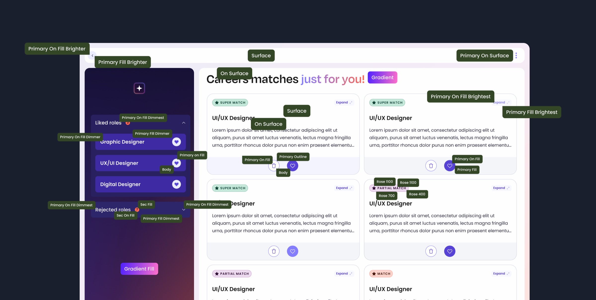 A careers-matches screen annotated with its token roles: primary fills and on-fills across brightness steps, surface and on-surface, body and gradient tokens